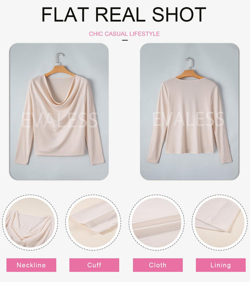 EVALESS Womens Spring Shirts 2026 Cowl Neck Business Casual Outfits for Women Stretchy Formal Office Teacher Outfits Solid Beige Draped Top Clothes Dressy Casual Satin Tee Shirt for Women, Medium