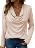 EVALESS Womens Spring Shirts 2026 Cowl Neck Business Casual Outfits for Women Stretchy Formal Office Teacher Outfits Solid Beige Draped Top Clothes Dressy Casual Satin Tee Shirt for Women, Medium