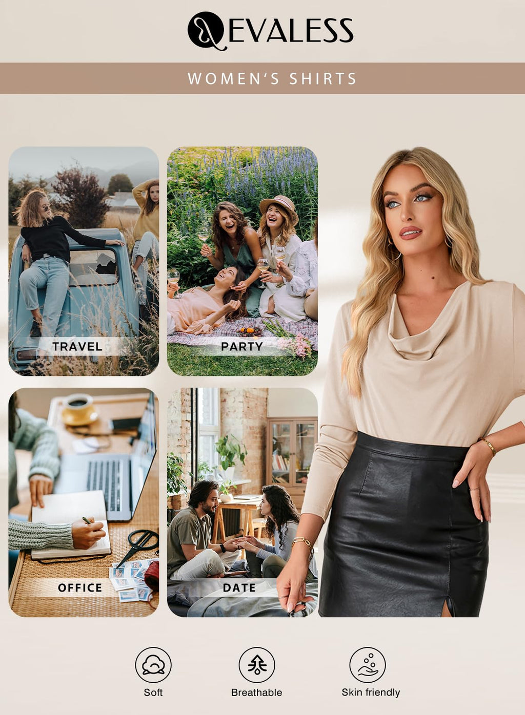 EVALESS Womens Spring Shirts 2026 Cowl Neck Business Casual Outfits for Women Stretchy Formal Office Teacher Outfits Solid Beige Draped Top Clothes Dressy Casual Satin Tee Shirt for Women, Medium