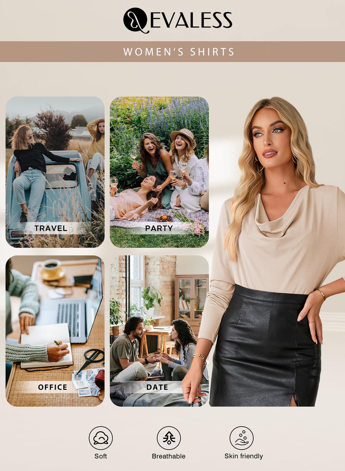 EVALESS Womens Spring Shirts 2026 Cowl Neck Business Casual Outfits for Women Stretchy Formal Office Teacher Outfits Solid Beige Draped Top Clothes Dressy Casual Satin Tee Shirt for Women, Medium