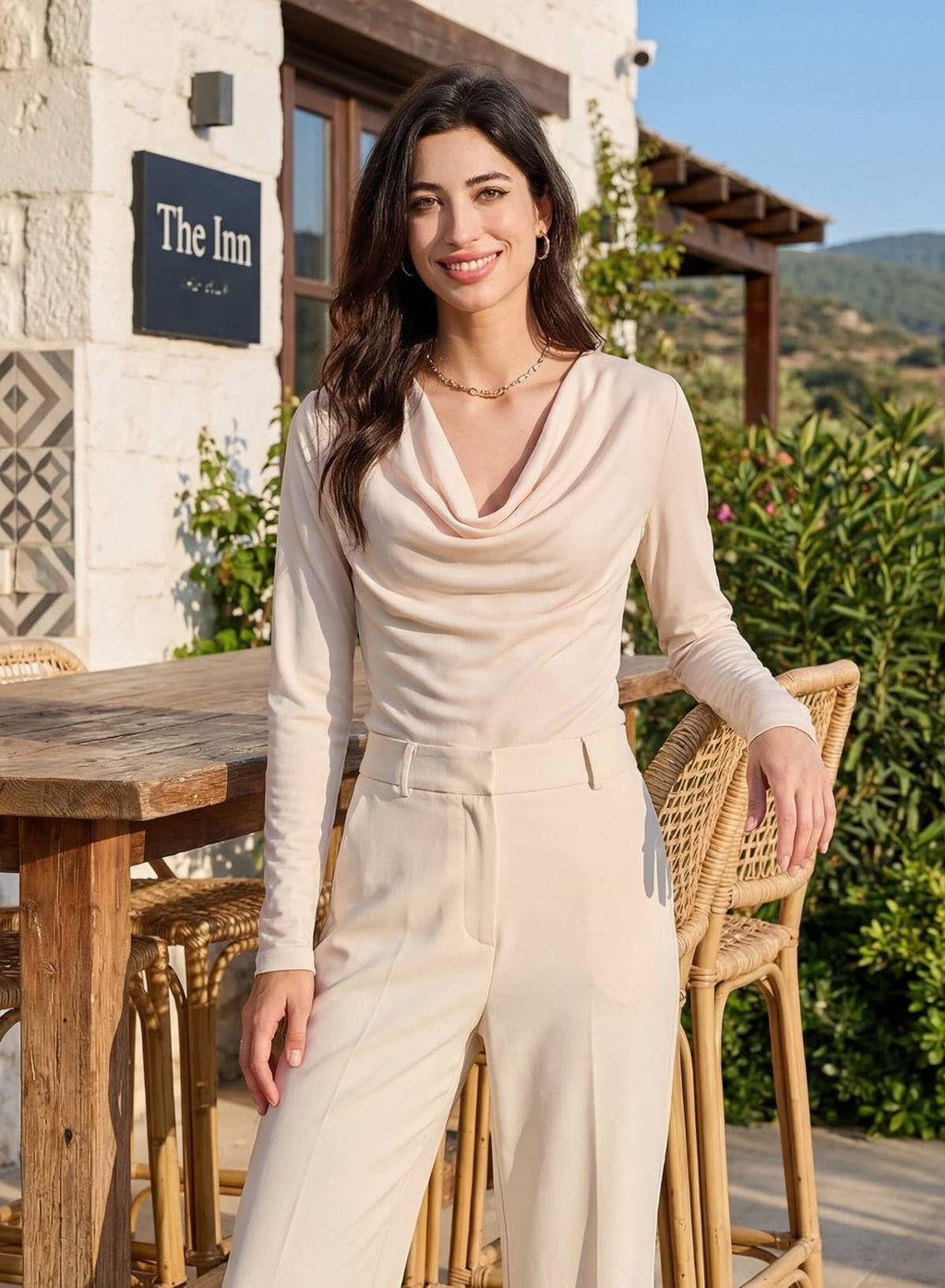 EVALESS Womens Spring Shirts 2026 Cowl Neck Business Casual Outfits for Women Stretchy Formal Office Teacher Outfits Solid Beige Draped Top Clothes Dressy Casual Satin Tee Shirt for Women, Medium