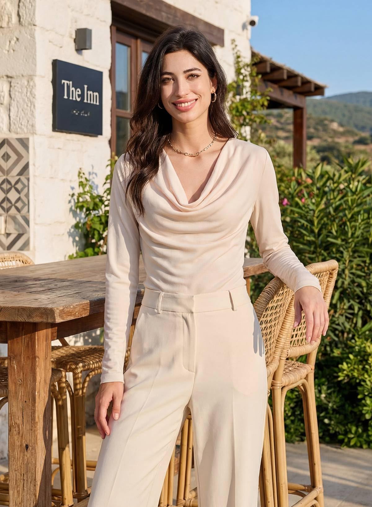 EVALESS Womens Spring Shirts 2026 Cowl Neck Business Casual Outfits for Women Stretchy Formal Office Teacher Outfits Solid Beige Draped Top Clothes Dressy Casual Satin Tee Shirt for Women, Medium